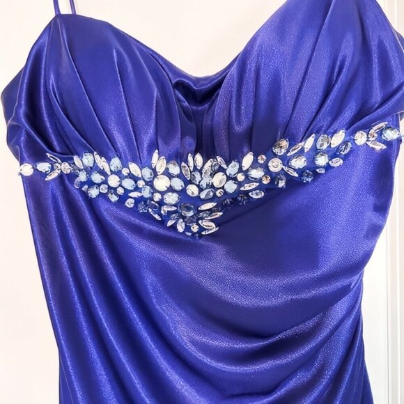 Reign On Bright Navy Blue Satin Speghetti Strap Formal Dress with Rhinestones L - Picture 3 of 9